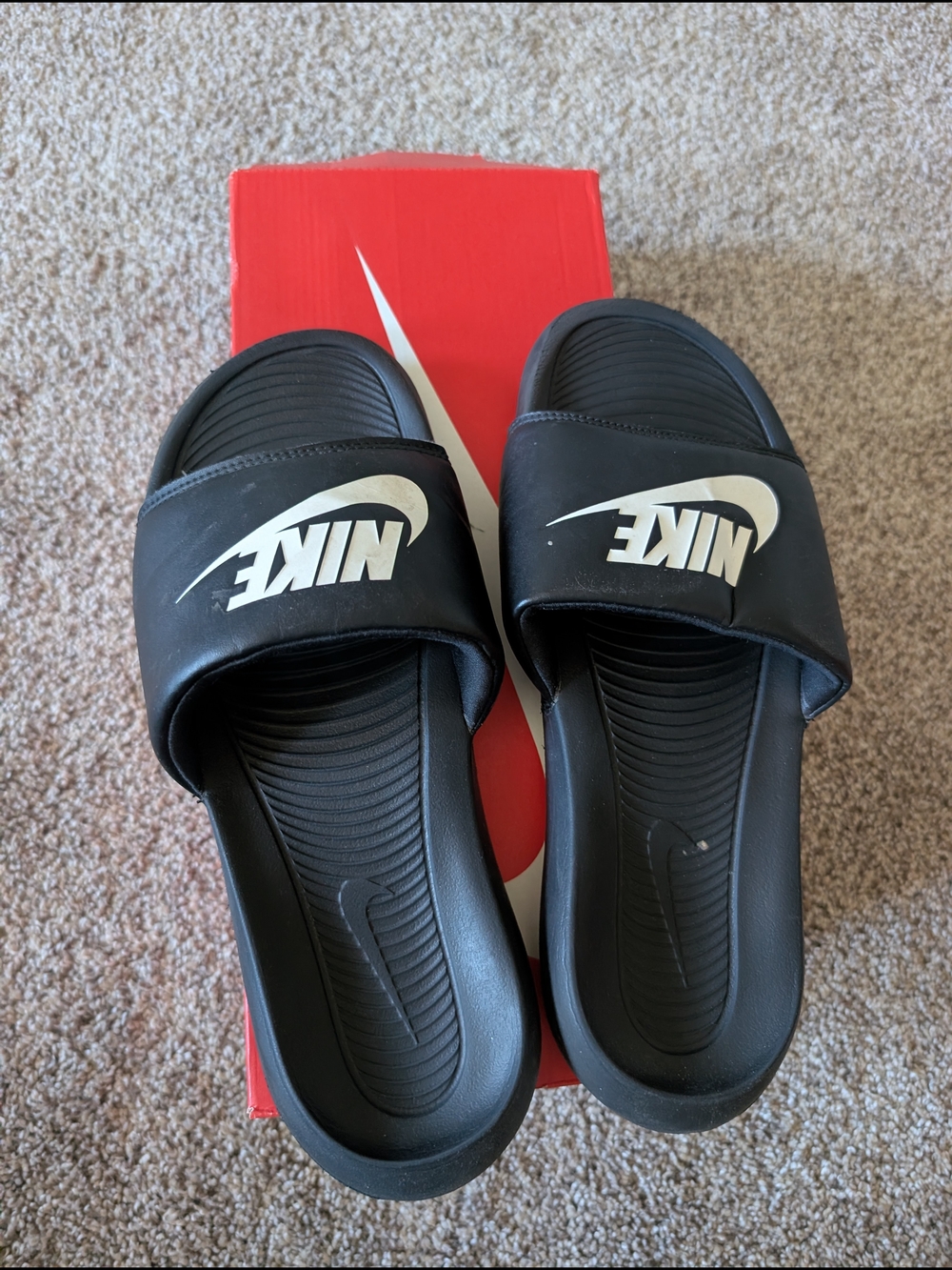 Nike Men's Black Slide Sandals with White Logo Size 9